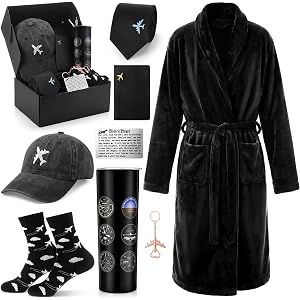Sieral 7 Pcs Pilot Gifts for Men Aviation Gifts for Pilots Plush Robe Pilot Hat 20 oz Tumbler Airplane Keychain Socks Passpor