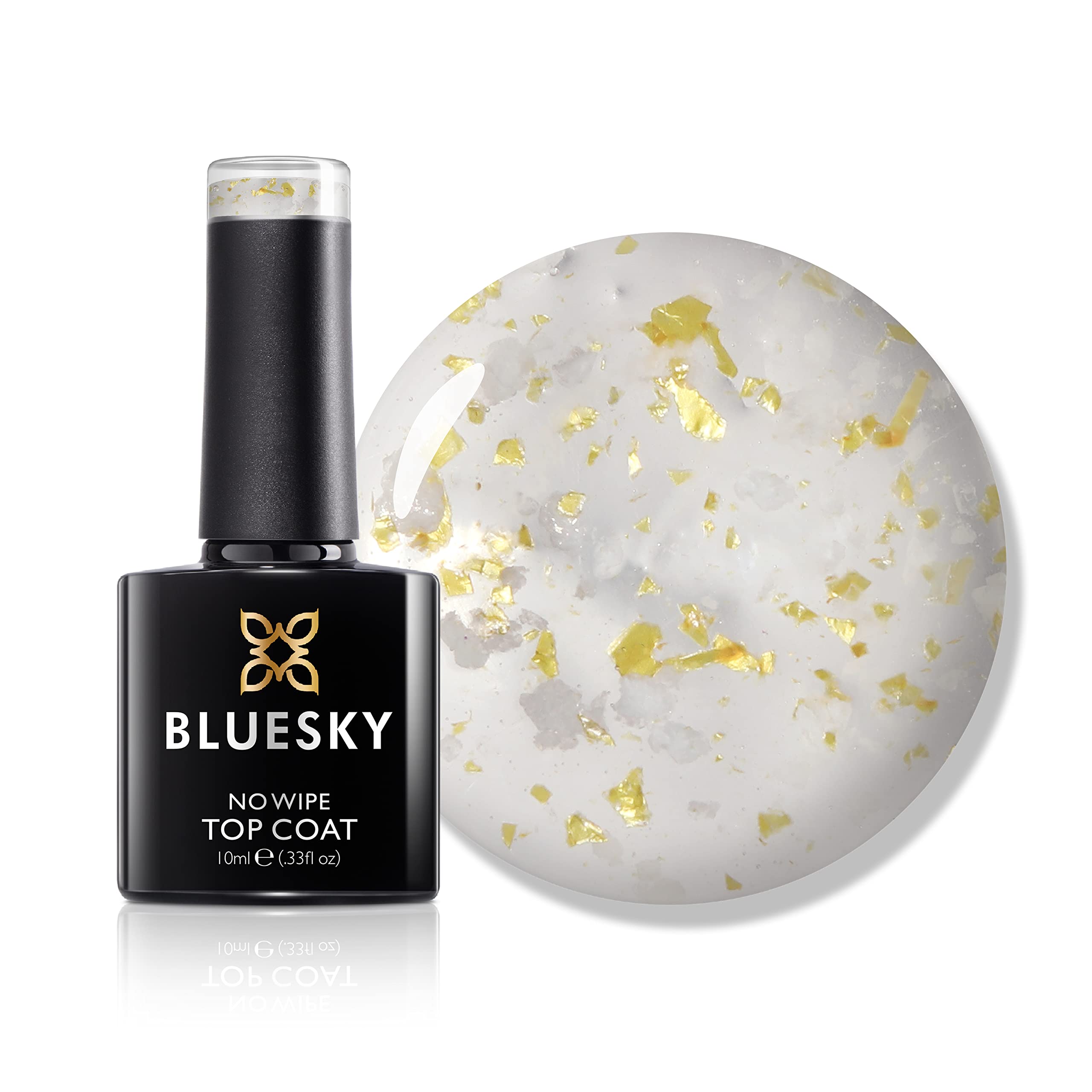 Bluesky Gel Nail Polish, No Wipe Flower Top Coat, Clear with Gold and White flakes, Glossy Finish, 10ml (Requires curing under UV/LED Lamp)