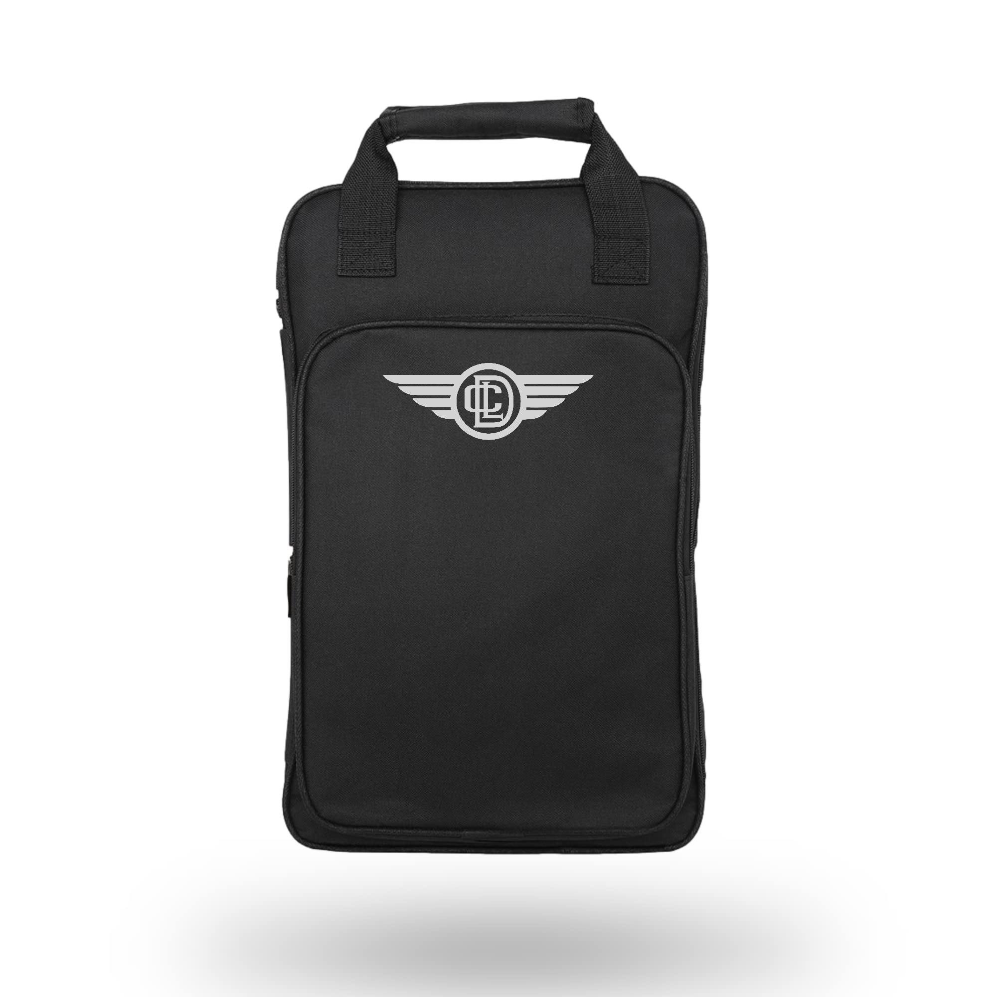 Large capacity drumstick bag by London Drumstick Company, with backpack-straps, handle, tom mounting cords, waterproofing, large pockets, ID slot and quality straps and finishing. (Black)