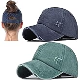 2 Packs Distressed Ponytail Hat for Women Criss Cross Hat Baseball Cap Pony Tail Caps High Bun