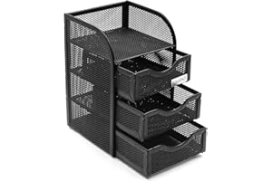 EasyPAG Mesh Desk Supplies Organizer with 3 Drawer Office Desktop Organizers and Accessories Stationery Caddy,Black