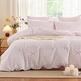 Erwinmu Gingham Comforter Set Twin Size,2 Pieces Pink Plaid Bow Ties Comforter Bedding Sets Reversible Pattern for Girls Kids,Cozy Breathable Microfiber Comforter and 1 Pillowcase