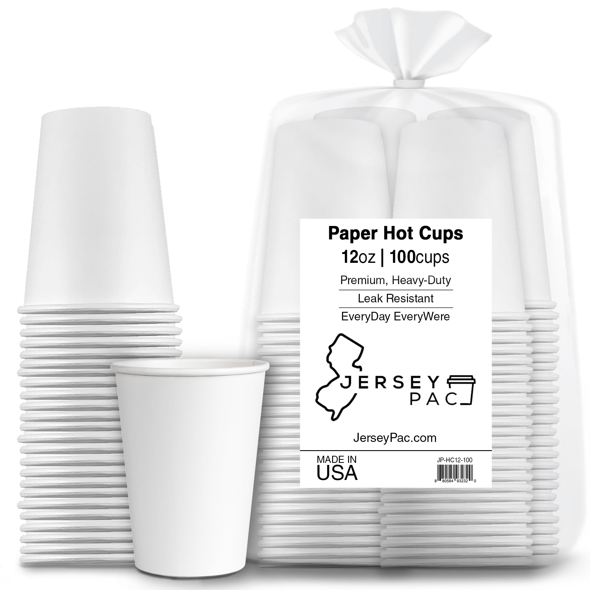 JerseyPac 12Oz Disposable Paper Hot Cups (100-Count) Hot Coffee, Tea, Cocoa Party Use | Thick, Heavy-Duty, Leak-Resistant Drinkware | Recyclable, Eco-Friendly | White (12 Oz.)