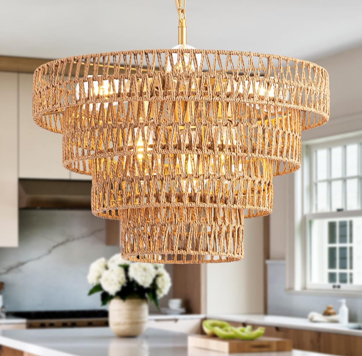 Photo 1 of 20” Rattan Pendant Lights, 6 Lights Large Boho Chandelier, Height Adjustable Hand Woven Rustic Farmhouse Ceiling Hanging Light Fixture for Kitchen Island Dining Room Living Room, 4 tier, Brown