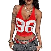 SOLY HUX Women's Jersey Halter Tops Y2k Number Graphic Mesh Cowl Neck Draped Front Tie Backless Sleeveless Crop Tank Top