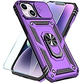 SunStory Compatible with iPhone 14 Plus Case with HD Screen Protector & Slide Camera Cover & Rotated Ring Kickstand, [Military-Grade] Phone Case for iPhone 14 Plus (Purple)
