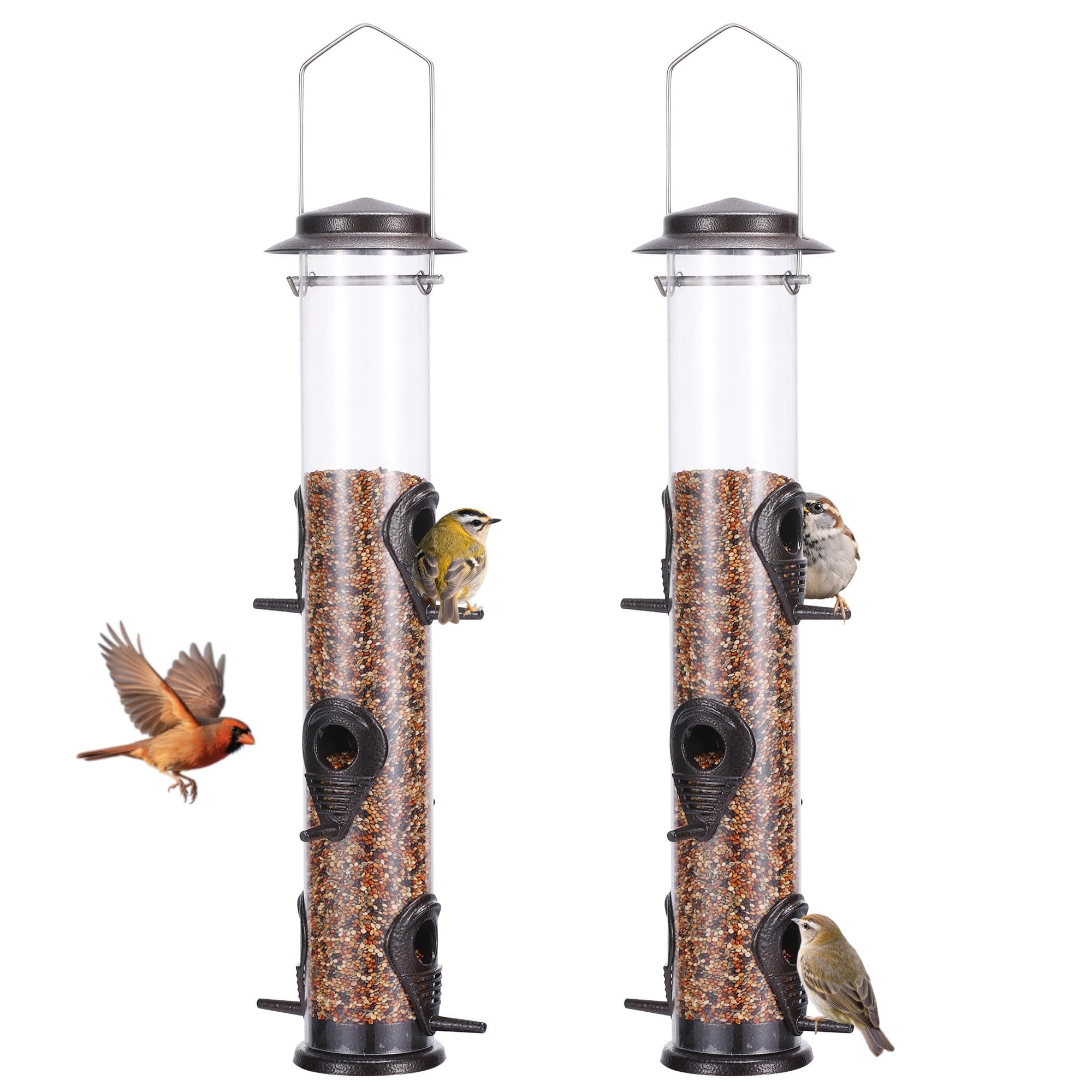 Photo 1 of MIXXIDEA 2PK Metal Bird Feeders with 6 Feeding Ports,Tube Bird Feeder with Steel Hanger,Hard Plastic Wild Bird Feeder for Outdoors Hanging, Attracting Birds in Your Lawn, Garden, Balcony (Coffee)