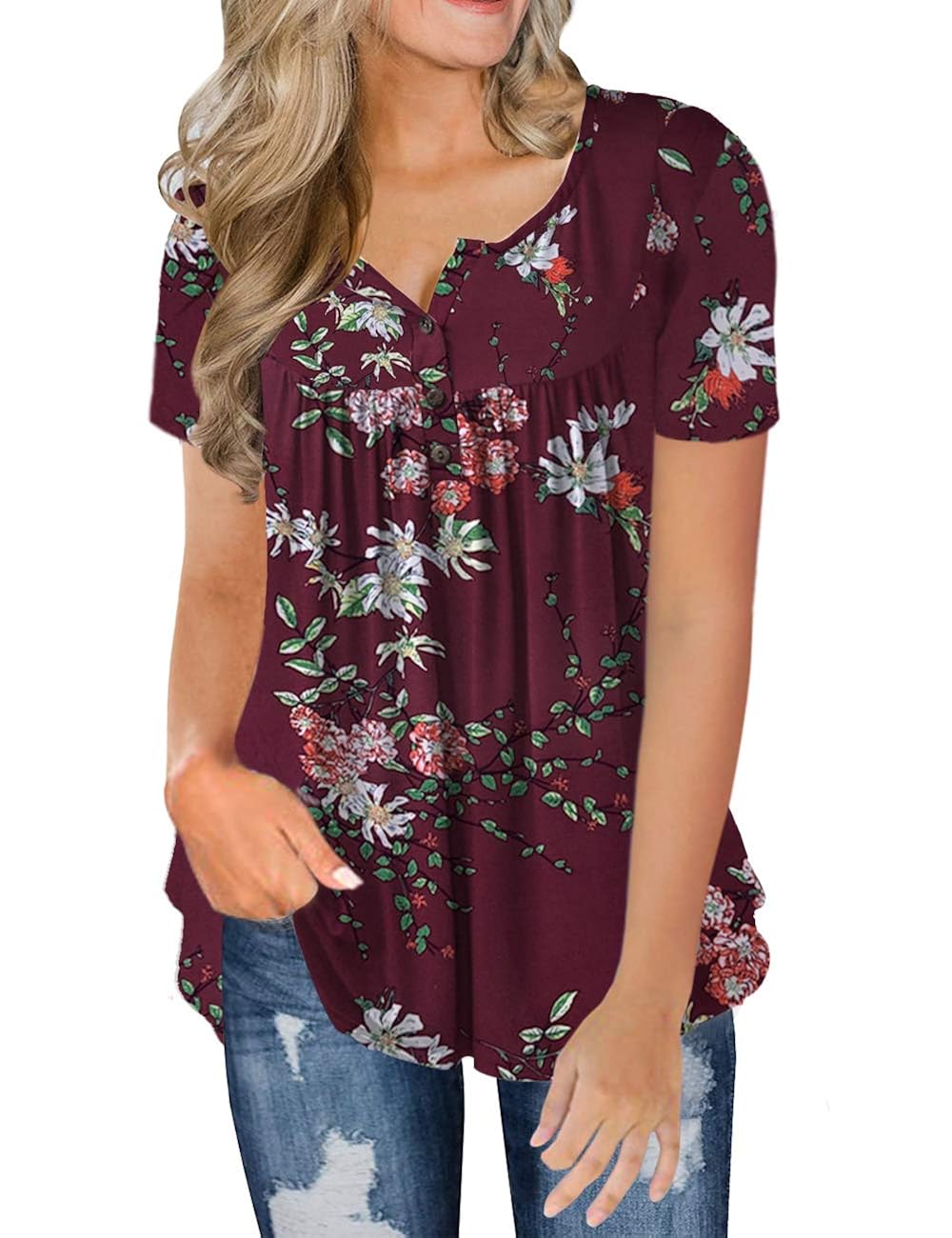 Halife Women's Summer Top - Flowy Short Sleeve Floral Tunic, V-Neck, Wine Red, Medium - View #8