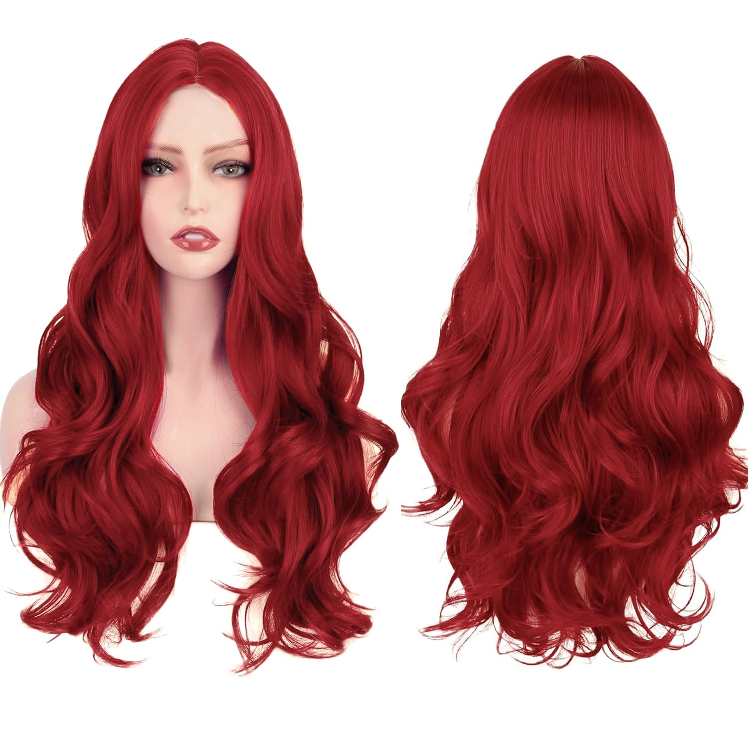 PORSMEER Long Dark Red Wavy Synthetic Hair Wigs for Women Girls Anime Fancy Dress Costume Halloween Party Cosplay Wig 27 inch Long Replacement Full Wig with Middle Part — image 1