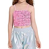 Haloumoning Girls Sequin Tank Tops Kids Sleeveless Spaghetti Strap Crop Cami Camisole Sparkly Dance Blouse 5-14 Years