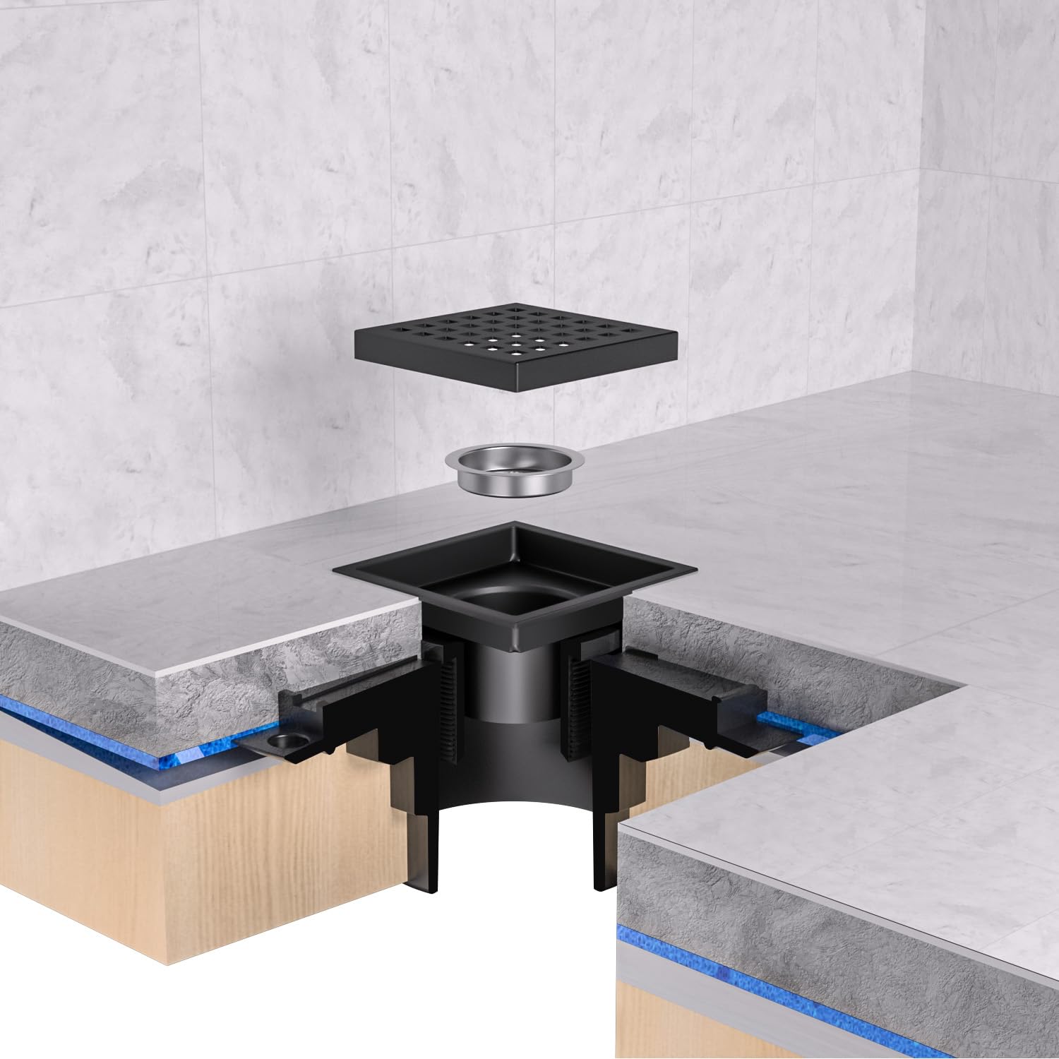 EXF Square Shower Drain 6 Inch Matte Black, Stainless Steel Shower Floor Drain Kit with ABS Flange, Removable Grid Grate, Hair Strainer, Not Fit for Bathtub