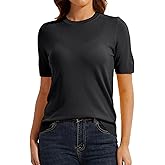 QILORA Women's Short Sleeve Sweater Crew Neck Pullover Lightweight Loose Tops Dressy Casual Blouse Basic Clothes