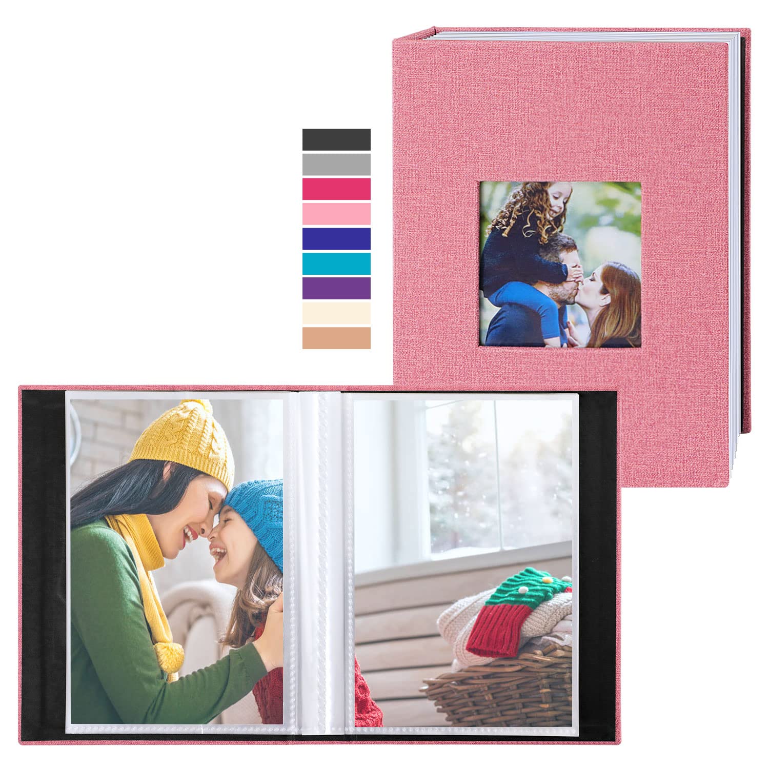 Benjia Small Photo Album 6x4 2 Packs, Each Pack holds 100 Pockets, Slip in Mini Linen Top Loading Photo Albums Holds Portrait Only 10x15cm Picture Pink — image 1