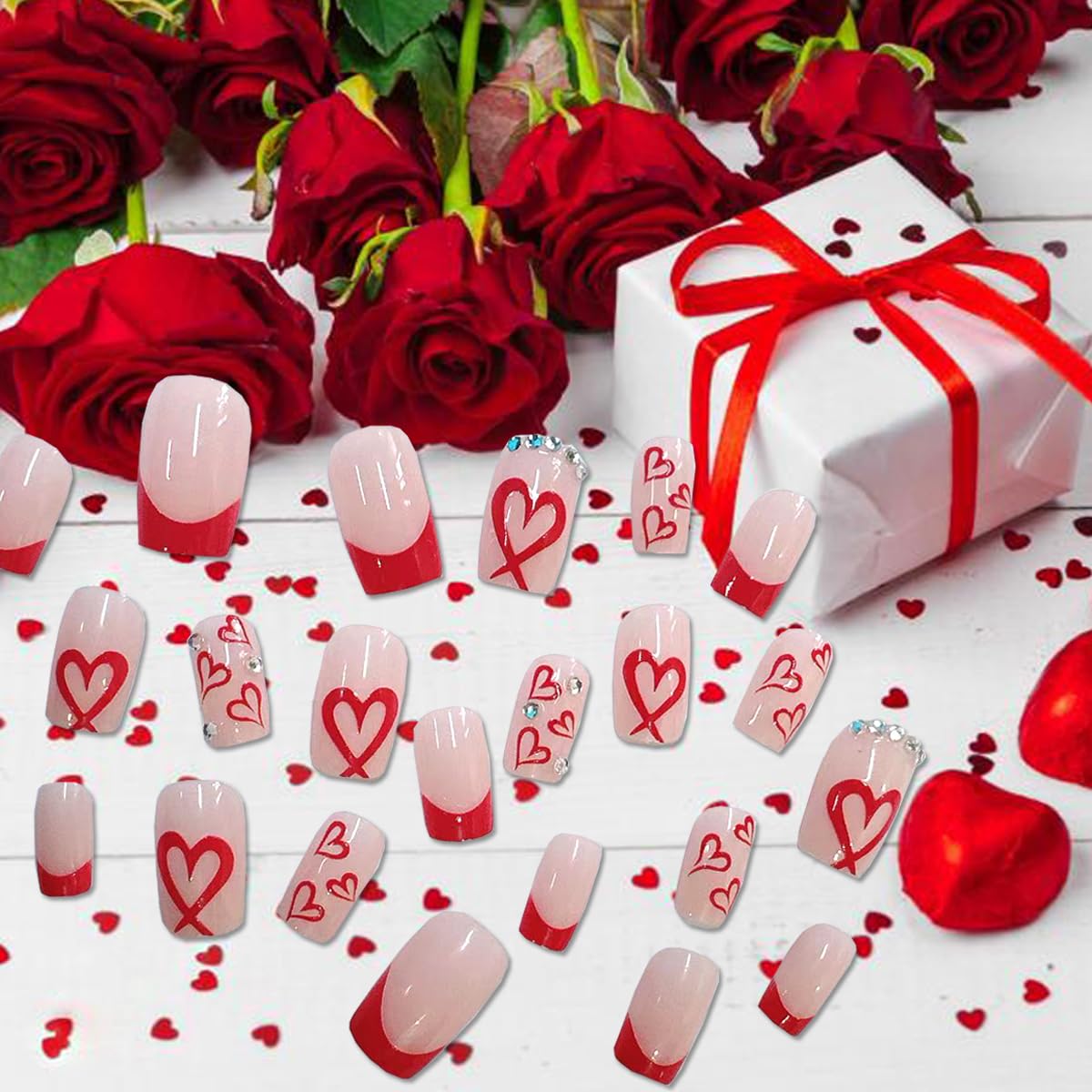 Square Press on Nails Medium -French Tip Press on Nails Red Heart Deign,Glossy Pink Fake Nails with Rhinestone Design,Reusable Artificial False Nails with Glue on Nails Valentine's Day for Women 24PCS - Image 5
