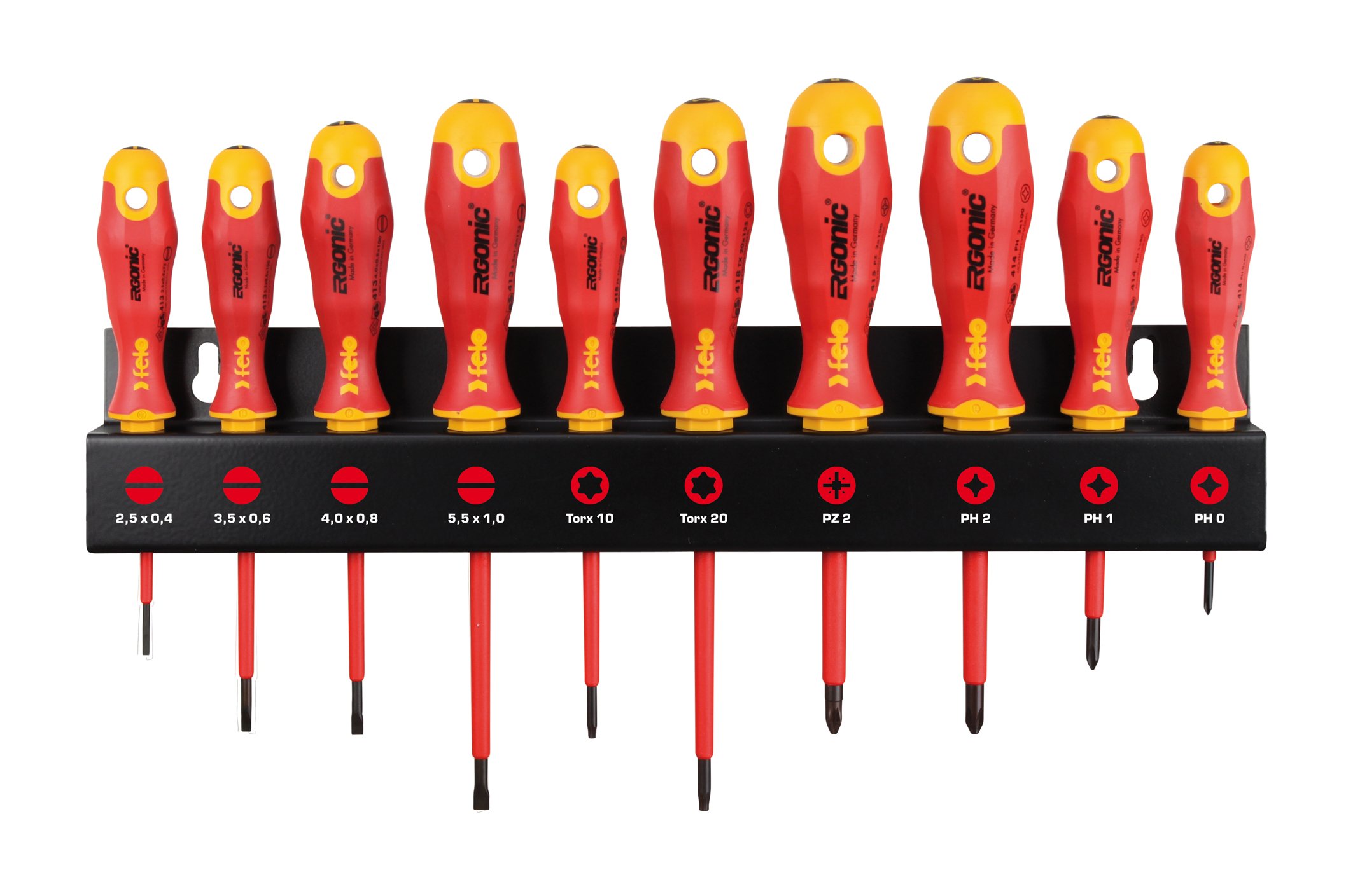 Felo XL Ergonic VDE Screwdriver Set with Tool Holder 10-Piece SL, PH, PZ, Tx