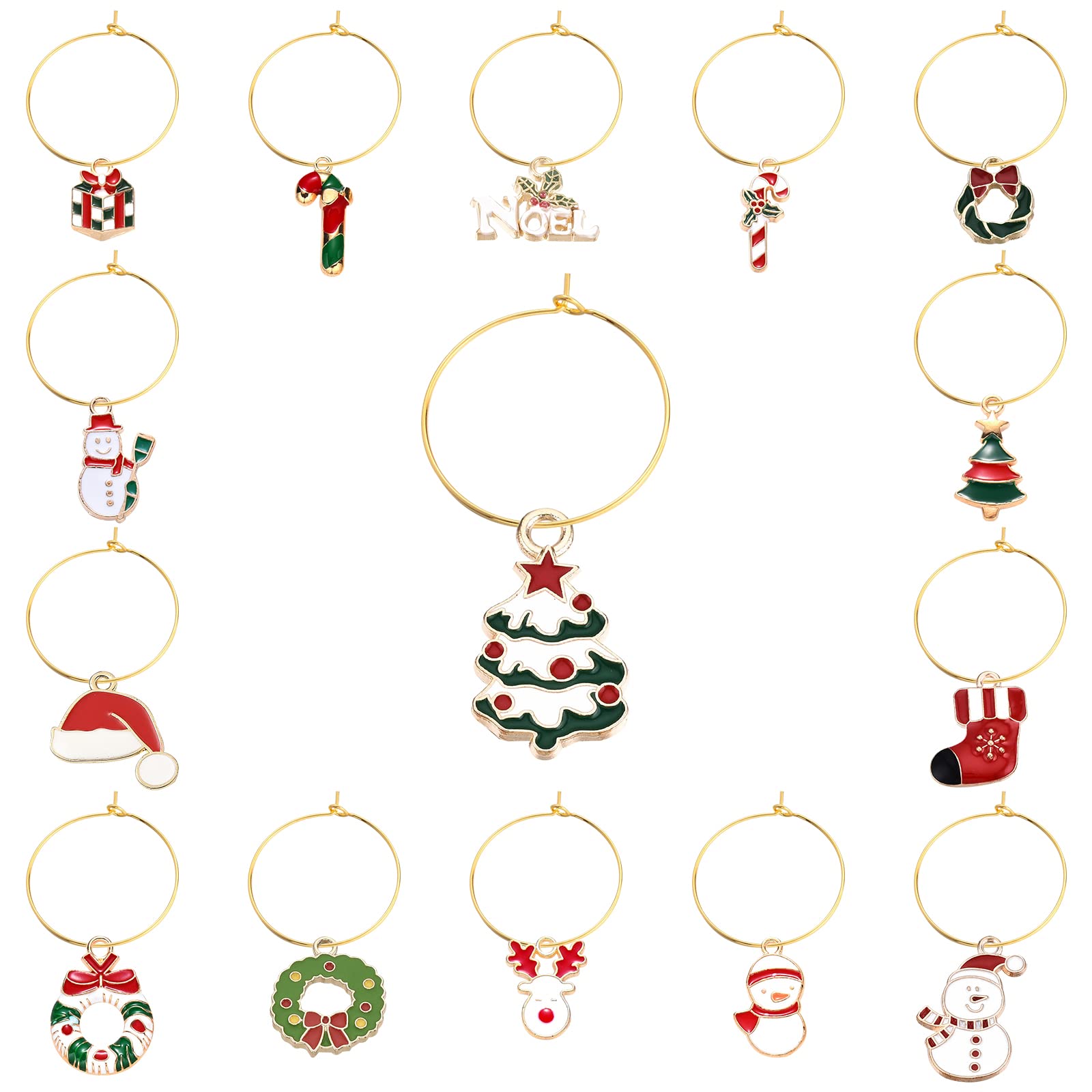 SUNNYCLUE 1 Box 30 Sets 15 Styles Christmas Wine Glass Markers Alloy Enamel Party Drink Markers Tags Charms Wine Glass Rings for Xmas Dinner Table Decoration Home Ornaments