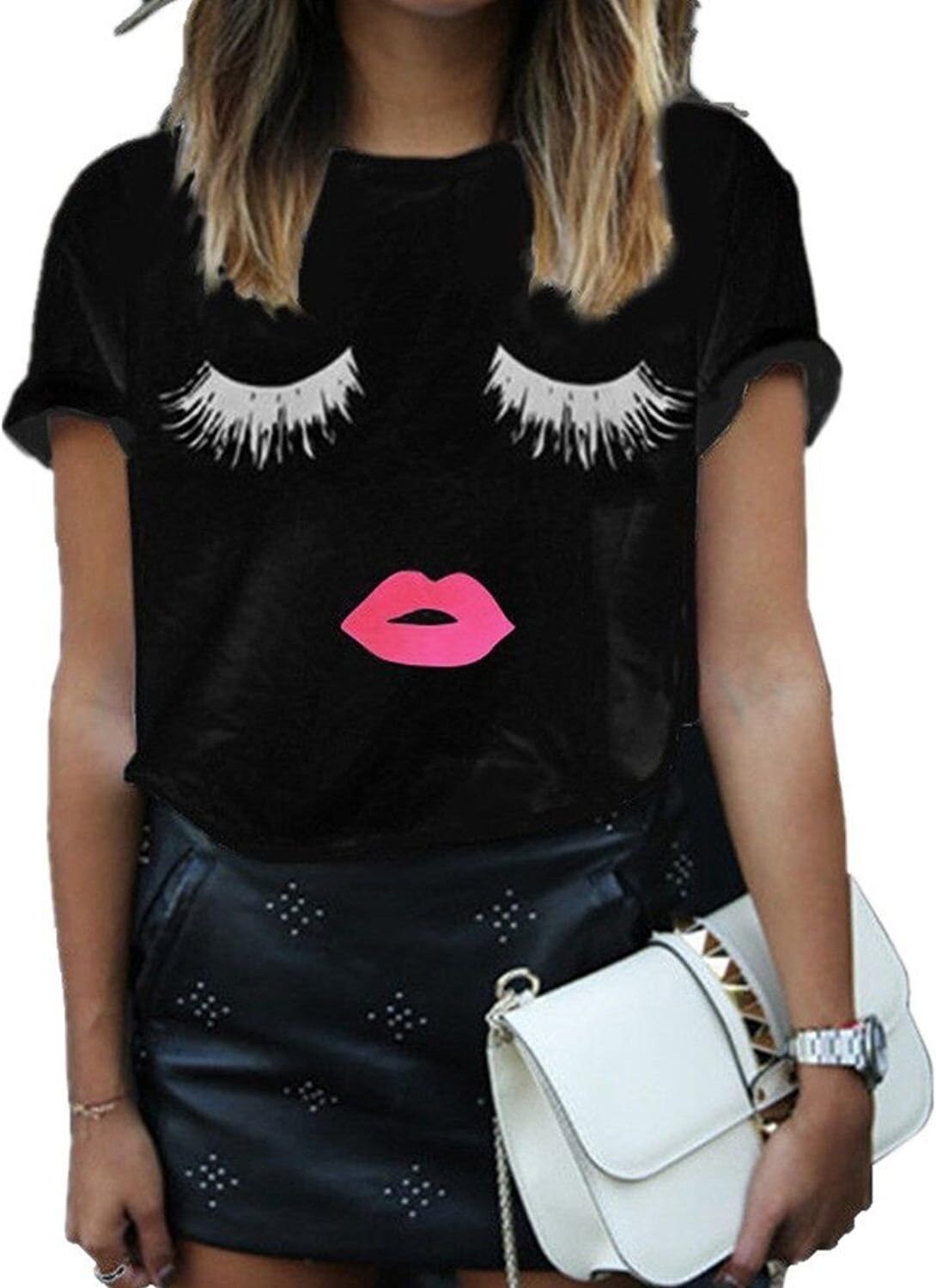 FV RELAY Women's Summer Cute Eyelash Lip Print Tee Casual Teen Girls T Shirts