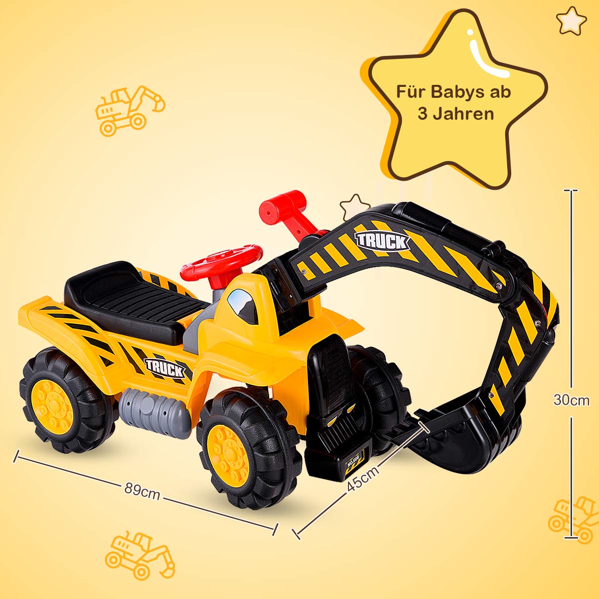 COSTWAY Sitzbagger mit eingebautem Ablagefach, Kinderbagger mit Horn, Sandbagger, Rutscher Bagger, Schaufelbagger, Aufsitzbagger für Kinder ab 3 Jahren, inkl. 3 Steine und Helm 7