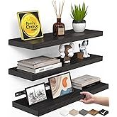 BAYKA Floating Shelves for Wall, Wall Mounted Rustic Wood Shelves for Bathroom, Bedroom, Living Room, Kitchen, Hanging Shelf for Books/Storage/Room Decor with 22lbs Capacity (Black, Set of 3, 15.7in)