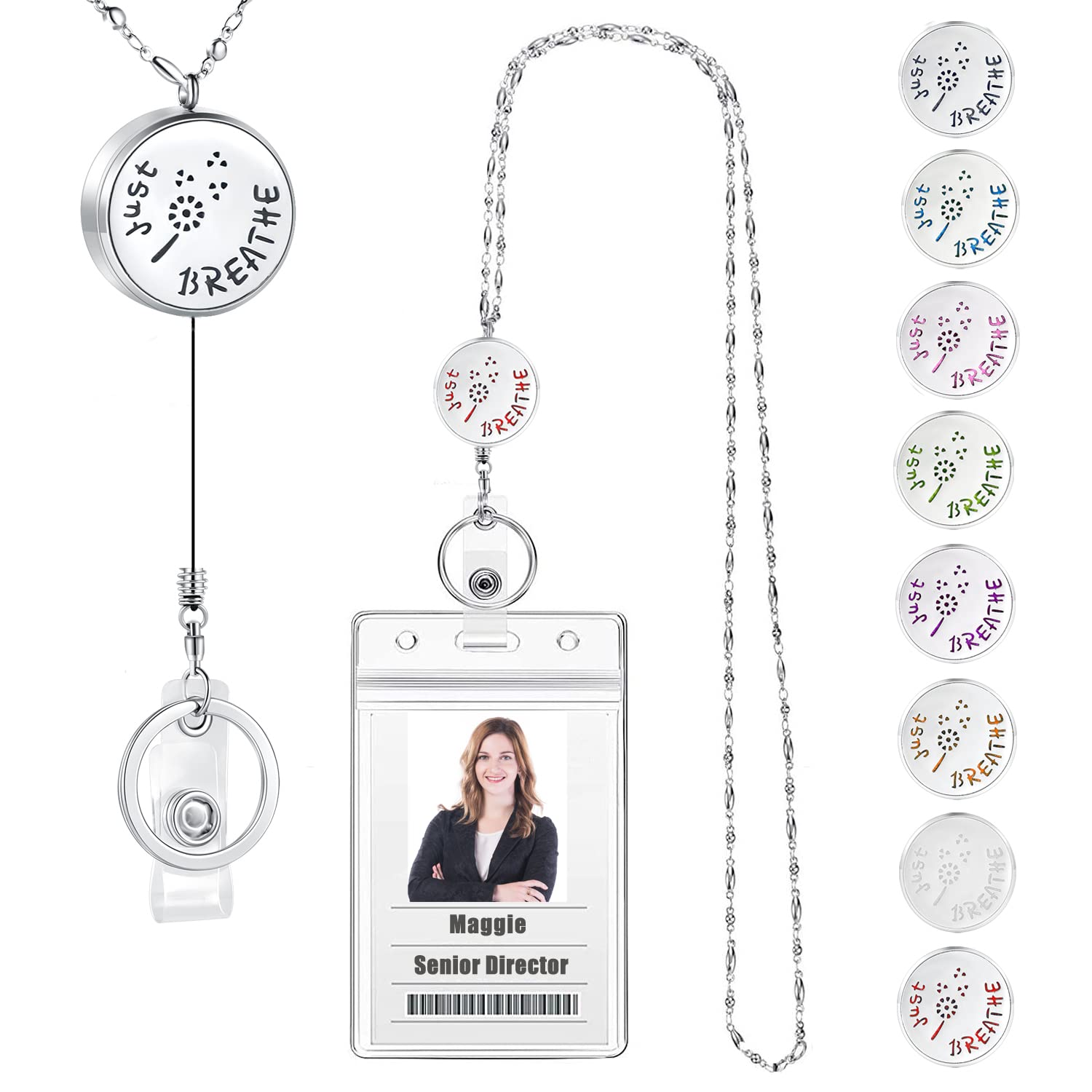 Photo 1 of SAM & LORI Strong Retractable Pretty Lanyard Necklace for ID Badges Holder and Keys Stainless Steel Metal Lanyard Necklace Silver Chain with Badge Clip for Women Teachers Nurse Just Breathe