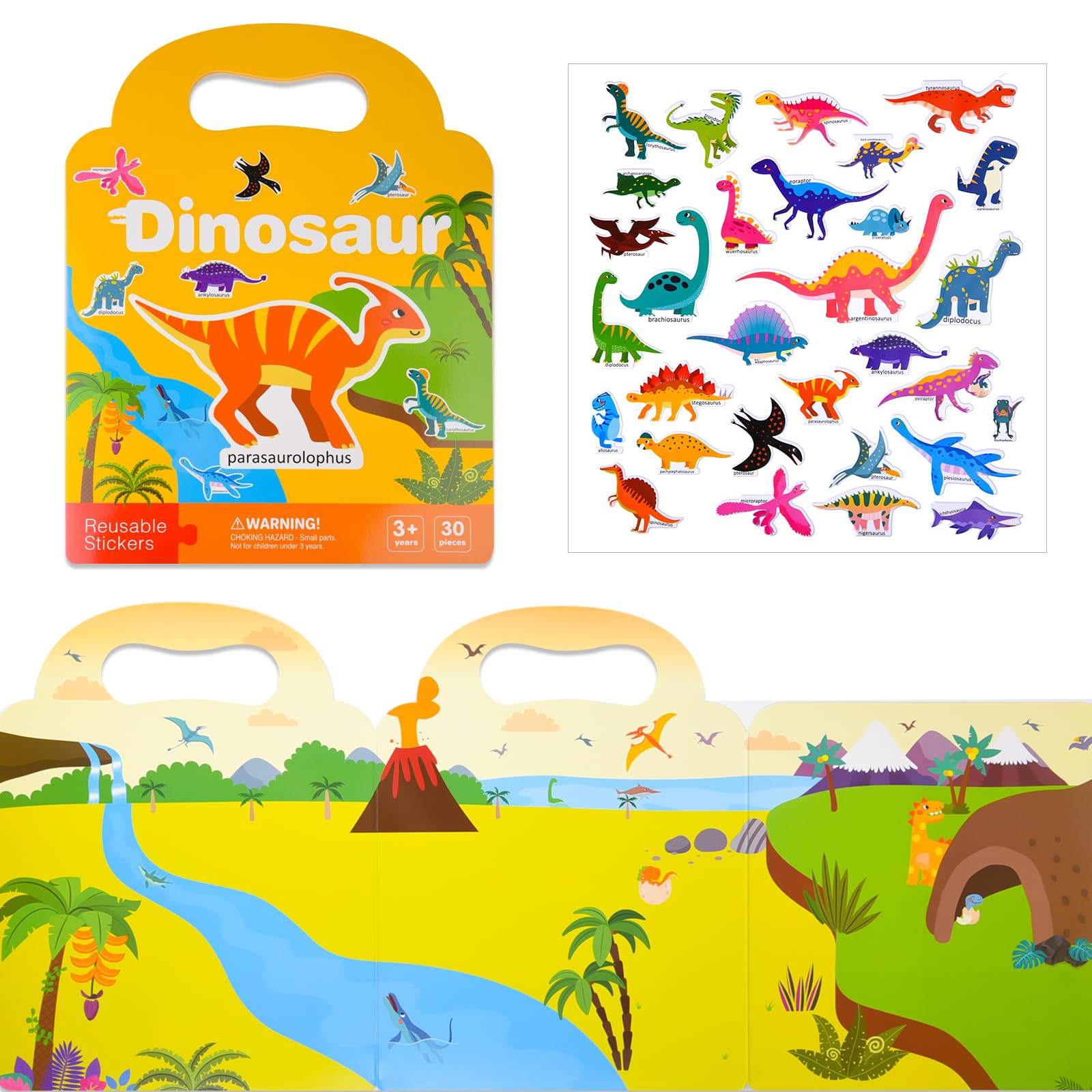 ASTARON Reusable 3D Puffy Dinosaurs Sticker Book for Kids, Waterproof Stickers, Educational Sensory Learning Toy with Scenes and Busy Book