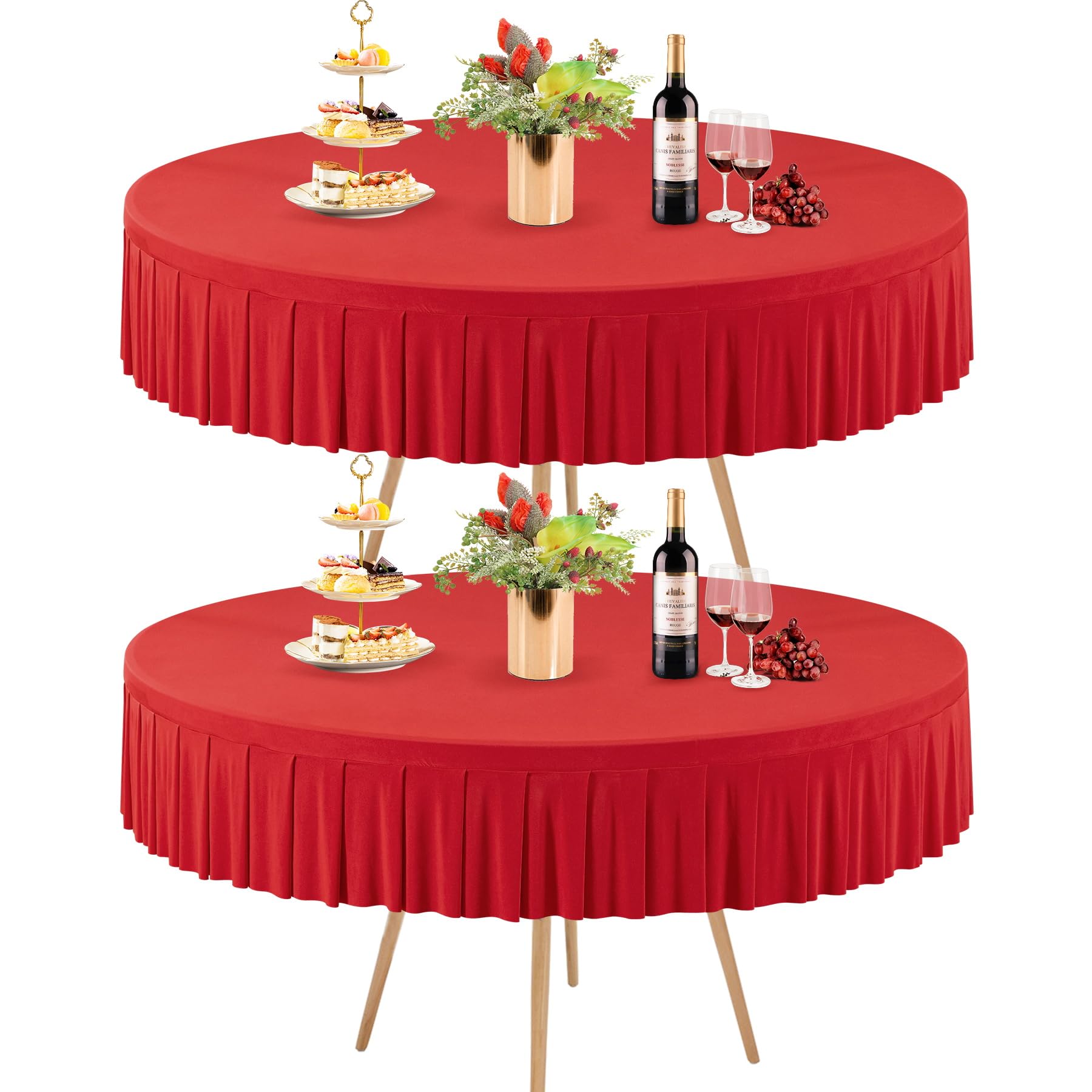 Photo 1 of 2 Pack Red Spandex Round Tablecloths for 72in Table, Stretchy Fitted 6FT Round Table Cloths, Wrinkle Free Table Cover with Skirt for Wedding Birthday Party Bridal Shower Banquet