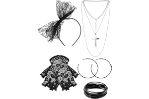 80s Fancy Dress Costume Accessories Lace Headband Earrings Fishnet Gloves Necklace Bracelet for 80s Retro Party (Black)