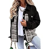 WROLEM Women Denim Plaid Jacket Jean Shackets Button Down Lightweight Oversized Pocketed Coat Outfits Tops 2024 Fall Winter