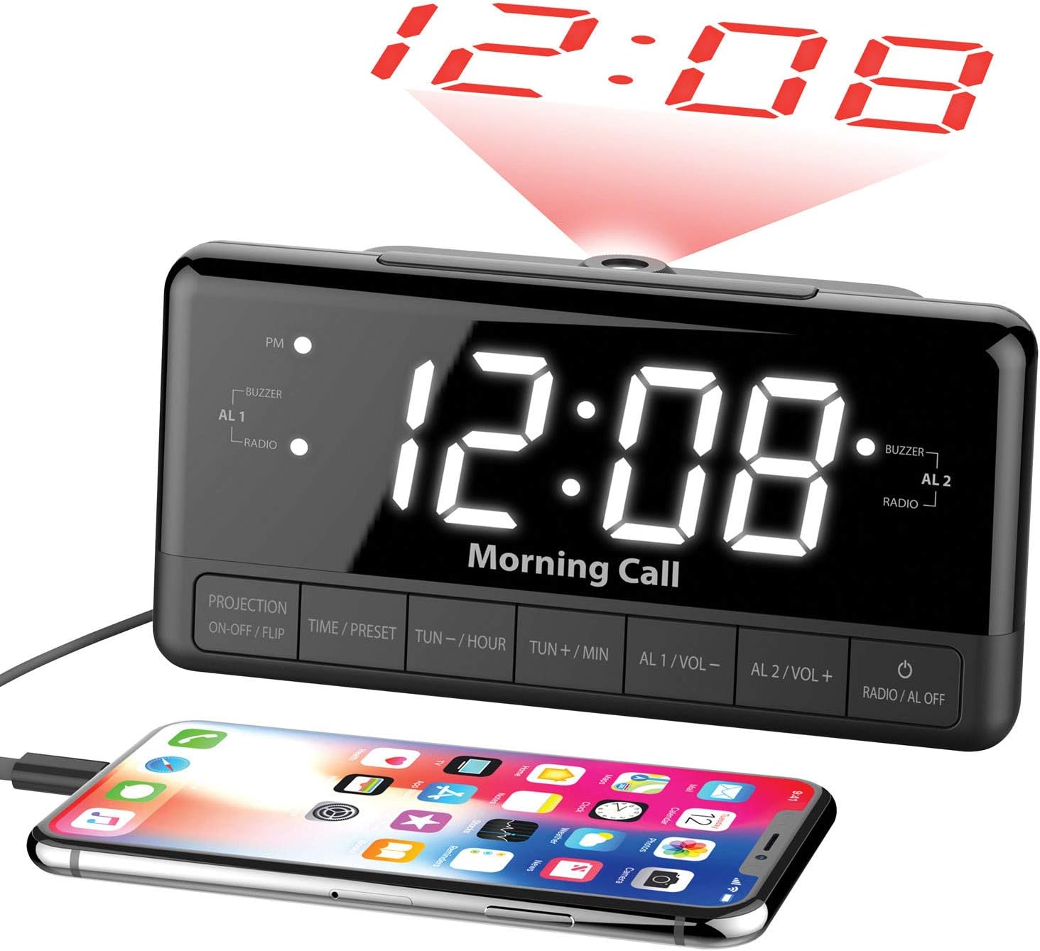 iLuvMorning Call 3, 1.2" Jumbo White LED Display Projection Dual Alarm Clock with 180 Degree Reverse Projection, FM Radio, 10 Preset Station, Sleep Timer, Snooze Button, Dimmer, and USB Charging Port