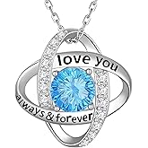 Aurora Tears Birthstone Love Knot Pendant Necklace - 925 Sterling Silver Firework-Cut Cubic Zirconia Love You Forever Necklace Anniversary Birthday Jewelry Gift for Women Wife Mom Daughter