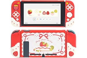 GeekShare Protective Case for Switch Slim Cover Case Compatible with Switch Separable Soft Silicone Protective Shell for Joysticks with 2 Thumb Grip Caps- Strawberries with Cream