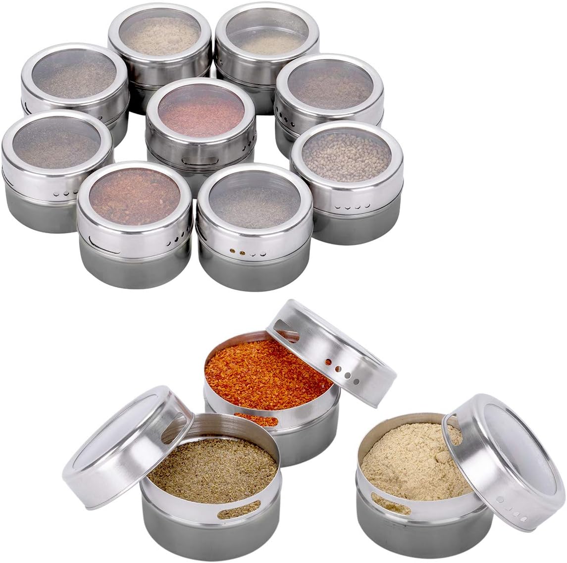 12pcs Grey Stainless Steel Spice Jars Storage Containers Set, Magnetic Spice Tins, Round Spice Containers, Spice Storage Boxes, Magnetically Stick on Refrigerator, 96 Spice Labels & 24 Blank Labels
