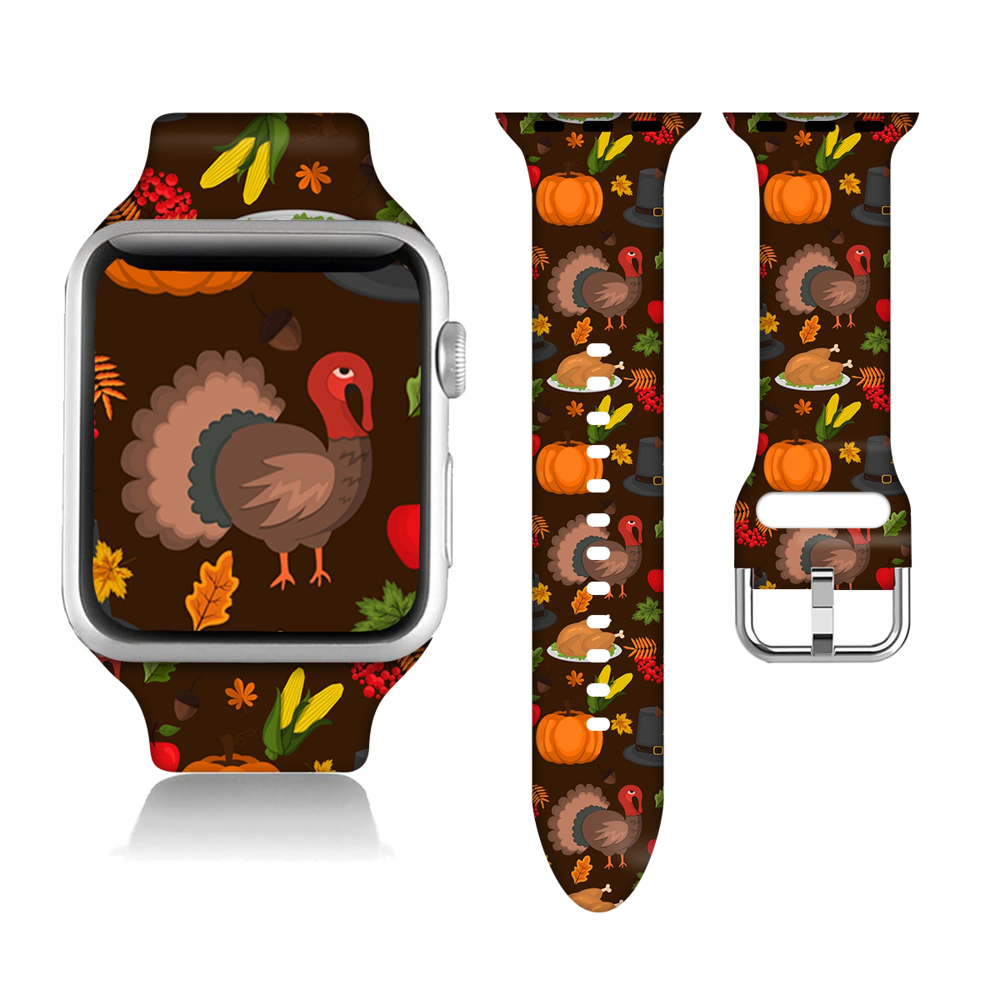 Compatible With Thanksgiving Turkey Apple Watch 38/40/41/42/44/45mm For Women Men,Soft Silicone Pumpkin Fall Gifts Decorations Replacement Wristband Band For Iwatch Series 9 8 7 6 5 4 3 2 1 SE.38mm/40mm/41mm.Funny Thanksgiving Turkey