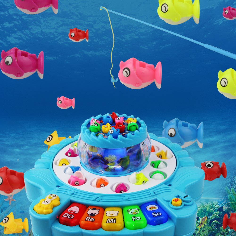 TONZE Fishing Game Musical Toys Piano Toy with 2 Fishing Board and 4 Fishing Rods for Kids 3 4 5 Years Old