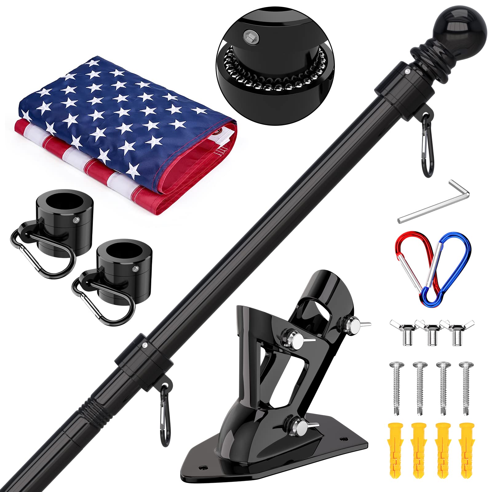 Photo 1 of ZMTECH 5FT Flag Pole with Proud American Flag-Upgraded Tangle Free Rings and Bracket, 1'' Stainless Steel Flag Poles with Holder for Outside House, Residential or Commerical (Black, No Light)