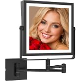 Ruacq Wall Mounted Makeup Mirror with Lights 1X/10X Dual Sided Matte Black | 8",4000mAh Rechargeable,Magnification,3 Color,Touch Screen Dimmable,360&deg; Rotation Extension Foldable Arm, Square, Women Gift