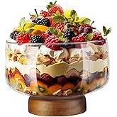 NiHome 123oz Large Glass Trifle Bowl with Elegant Acacia Wood Stand, Versatile Serving Dish for Cakes, Salads, Desserts, Styl
