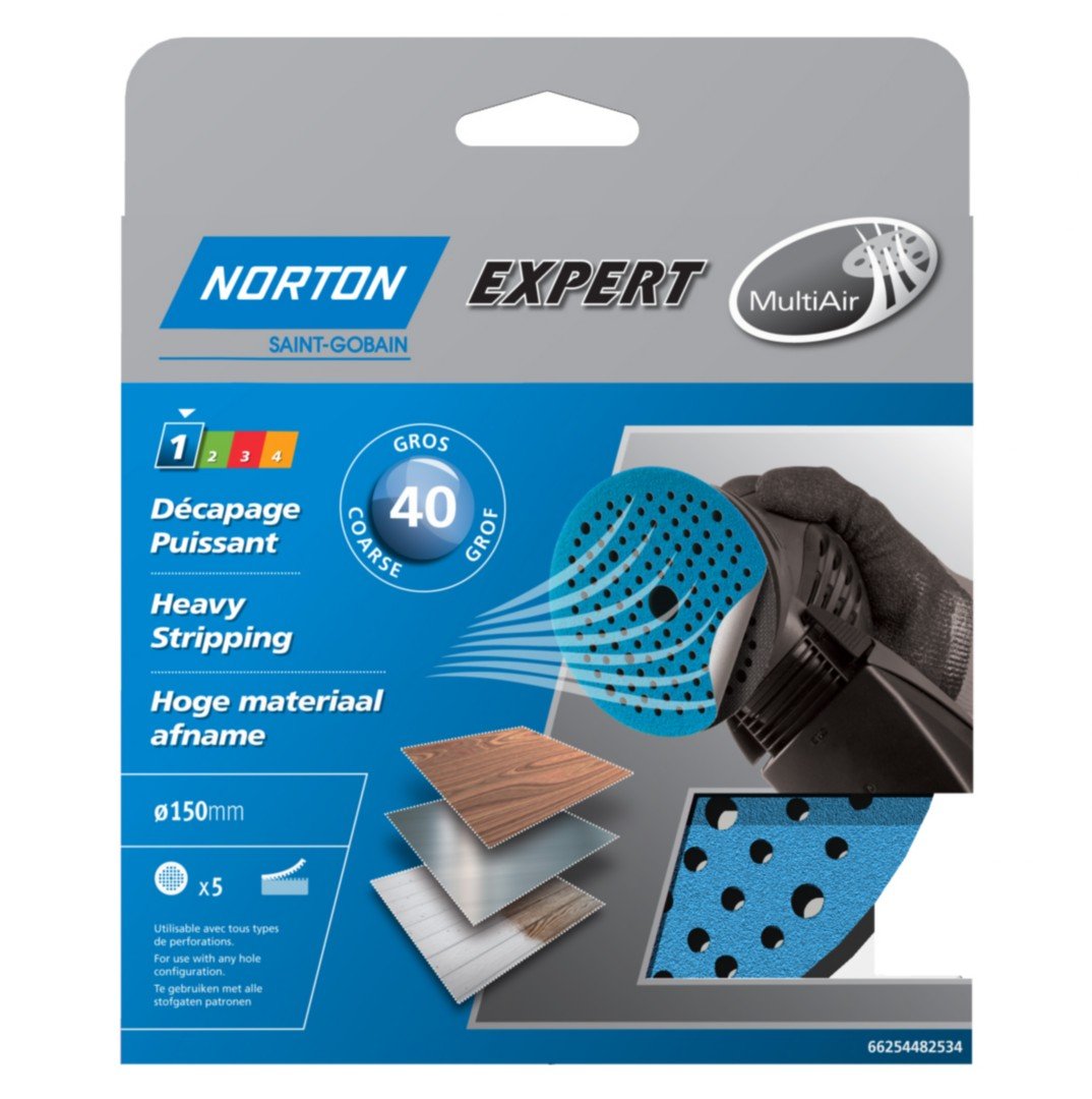 Norton Expert Sanding Disks Self-Adhesive Diameter 150 Grain 40 Pack of 5, blue