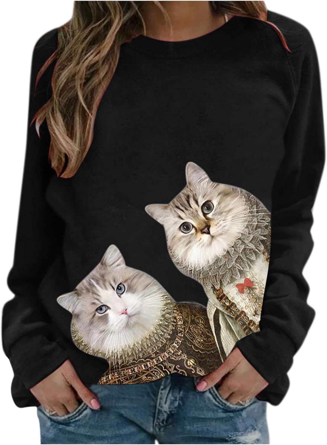 Damen Sweatshirt Mit Katzenmotiv - Oversize Langarm Pullover Ohne Kapuze Loose Fit