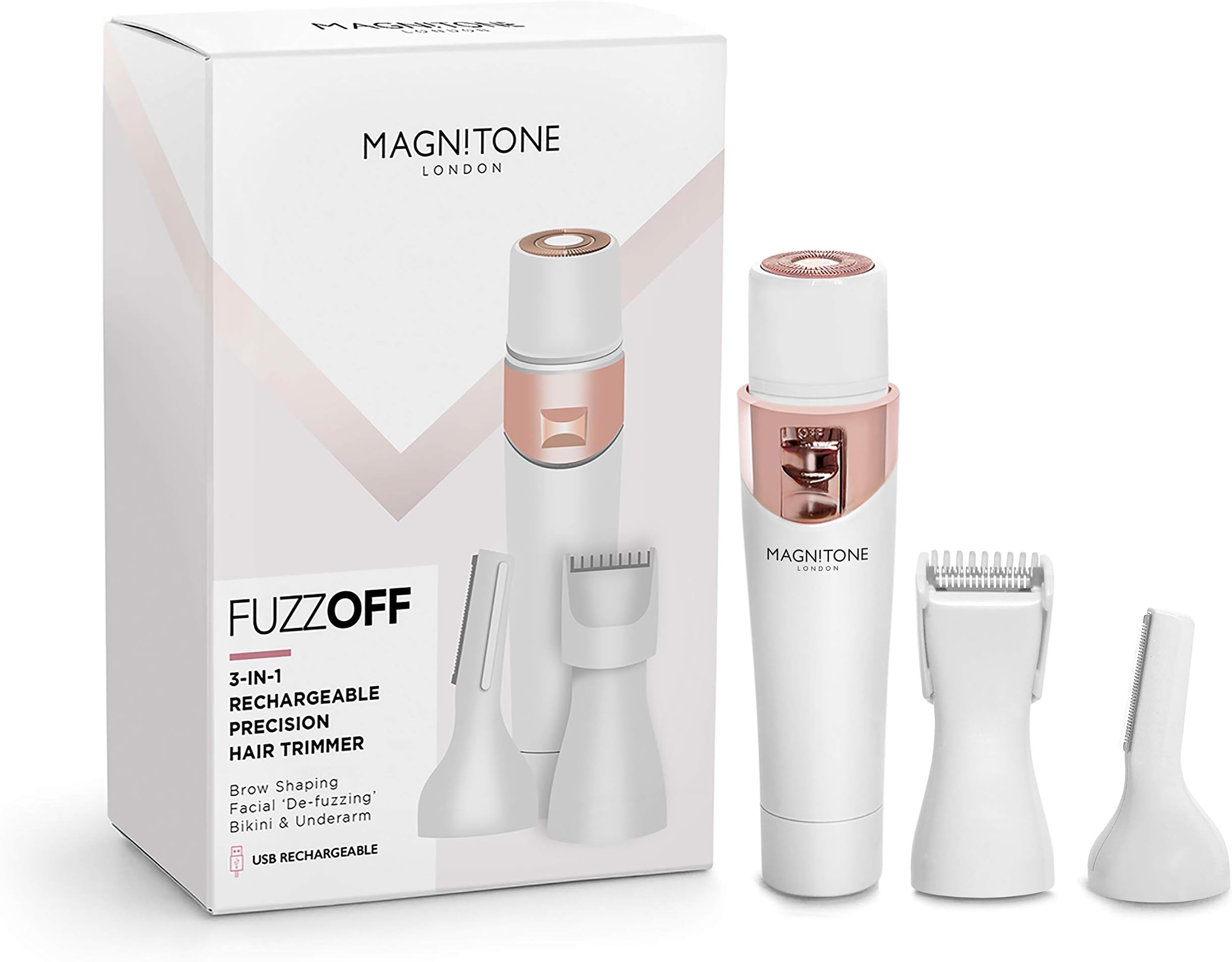 Magnitone FuzzOff 3-in-1 Rechargeable Ladies Precision Hair Trimmer Depilator for Face, Jawline, Upper Lip, Eyebrows, Body, Underarm and Bikini Line - White