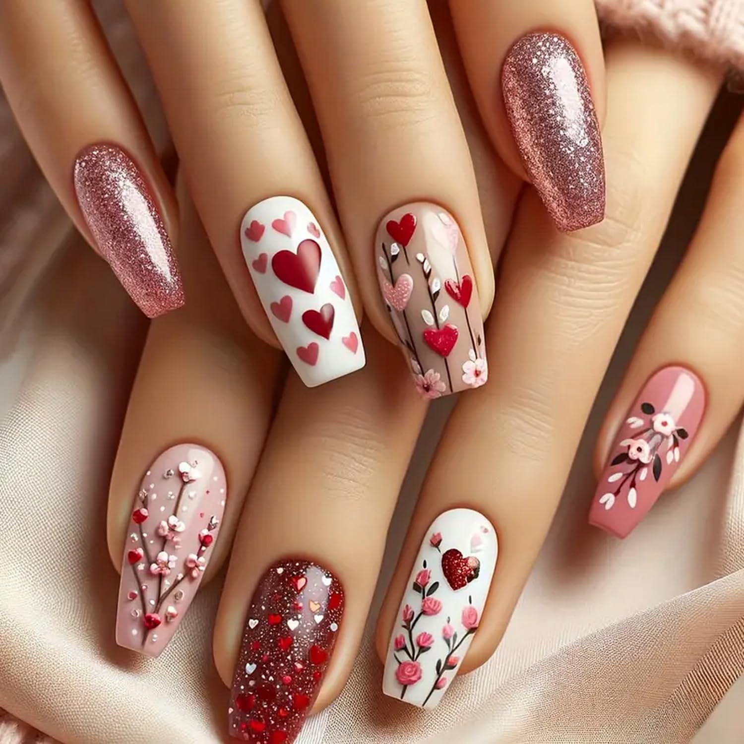 24 Pcs Valentines Glitter Press on Nails Glossy Fake Nails Red Heart and Flowers Design Medium Coffin False Nails Sparkly Full Cover Stick on Nails Valentines Nails for Women DIY Manicure Decor