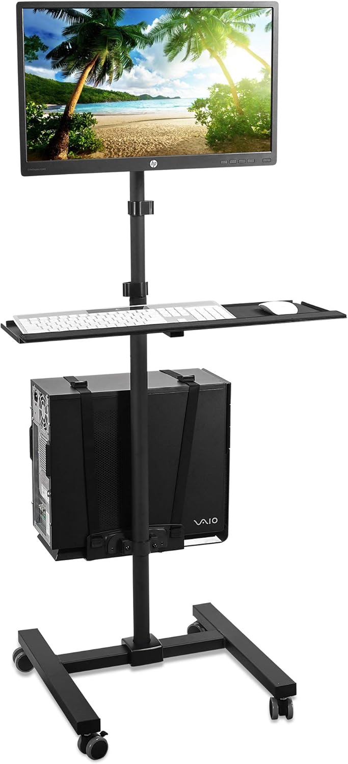 Mount-It! Rolling Computer Cart, Mobile Workstation with Tray Monitor Mount and CPU Holder, Height Adjustable and Mobile Stand for Office and Industrial Use : Office Products