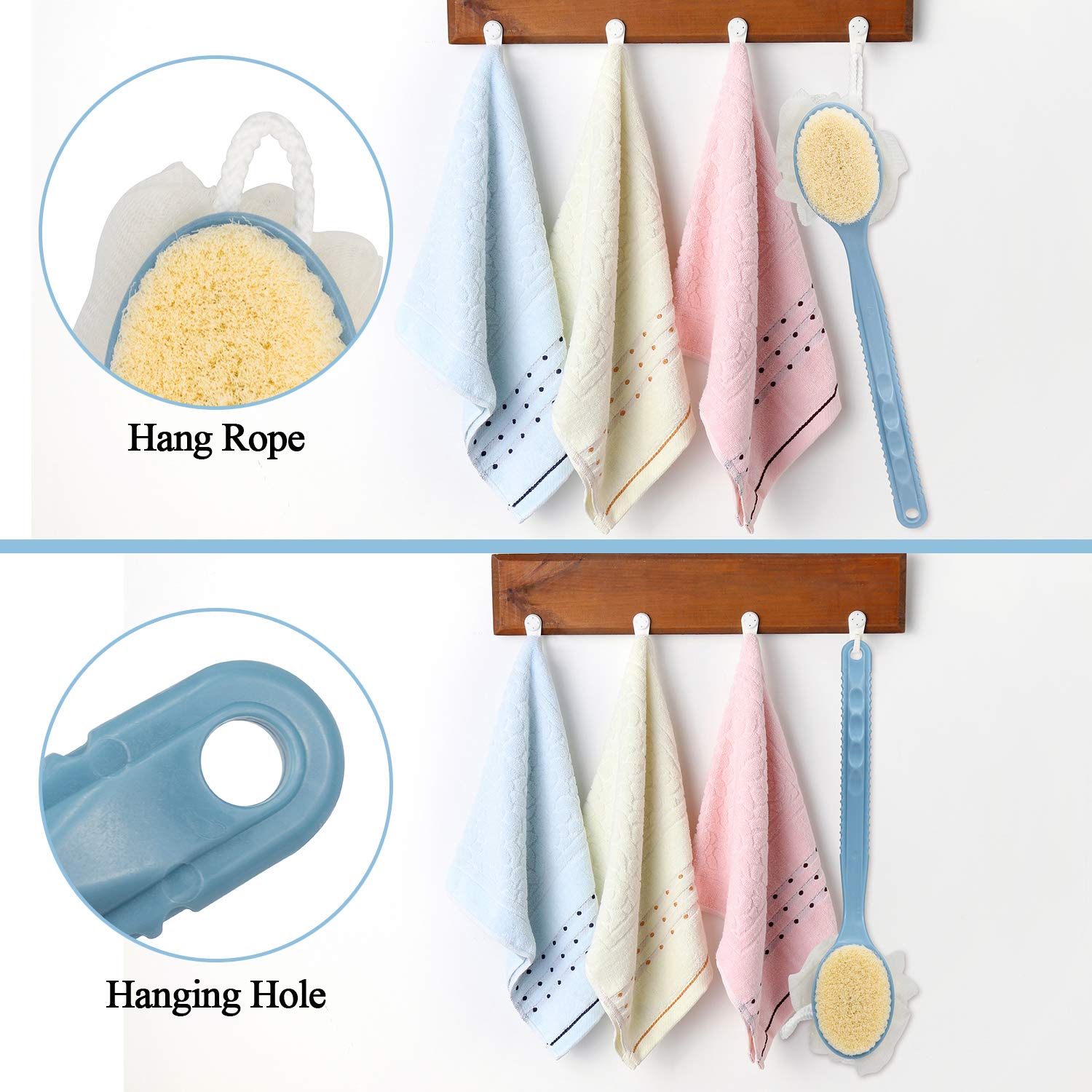 EAONE 2 PACK Shower Body Brush with Bristles and Loofah, Back Scrubber Long Handle Exfoliating Brush for Wet or Dry (Blue&White) : Beauty