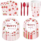 168PCS Strawberry Birthday Party Tableware Set - Include Paper Plates Napkins Cups Forks Spoons,Knives Sweet Berry 1st Bday Disposable Party Supplies Decorations for Girl Birthday Serve 24 Guests