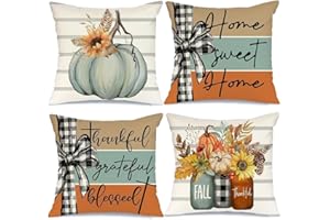 AACORS Fall Pillow Covers 18 x 18 Inch Set of 4, Pumpkin Home Sweet Home Thankful Grateful Blessed Harvest Floral Decorations Autumn Seasonal Pillow Case Decor for Sofa Couch AA275-18