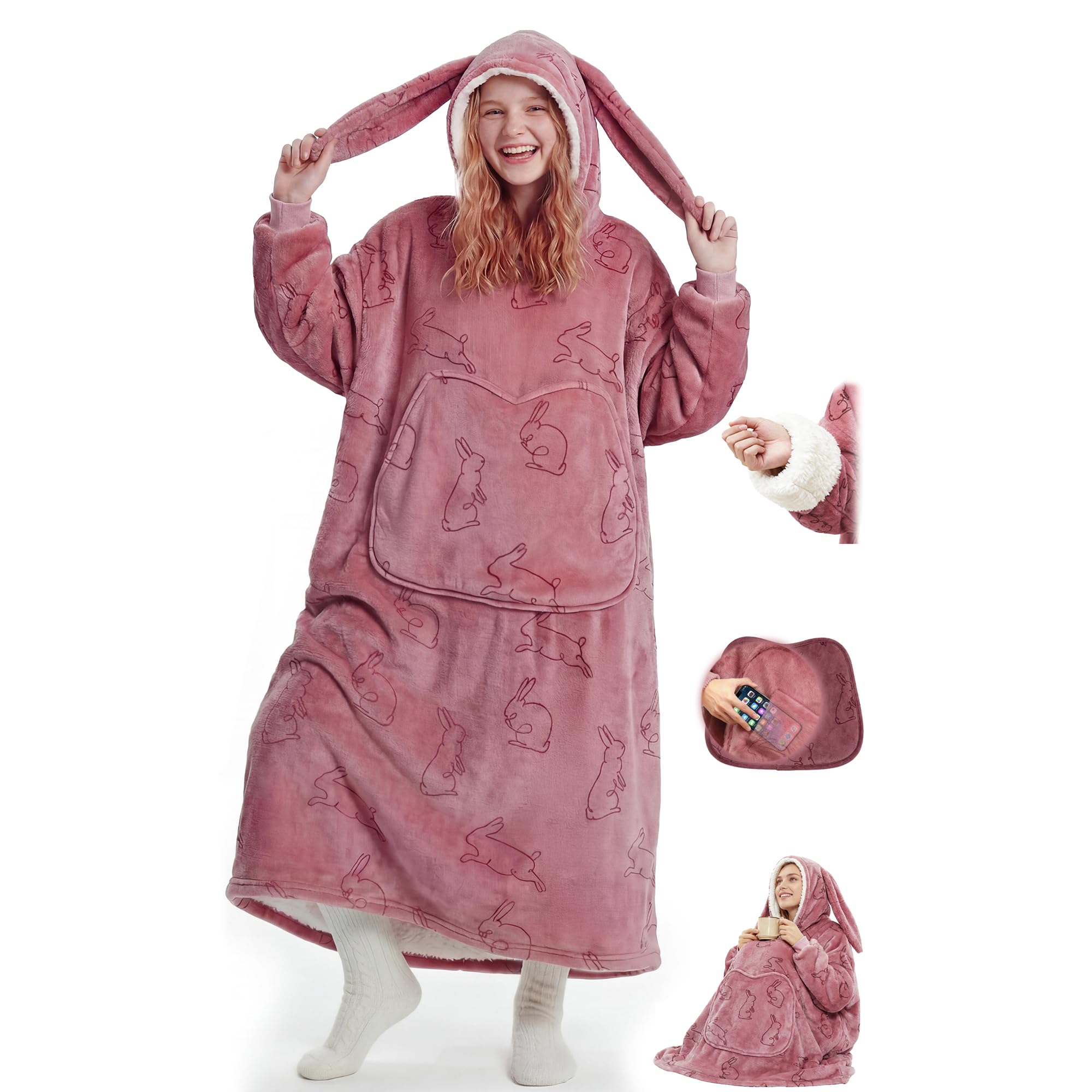 Photo 1 of Mewaii Wearable Blanket Hoodie for Adults, Cozy Bunny Ear Sherpa & Flannel Hooded Blanket with Giant Pocket, Oversized Extra-Long Knee-Length Sweatshirt for Lounging, Outdoor Walks, Gifts for Women