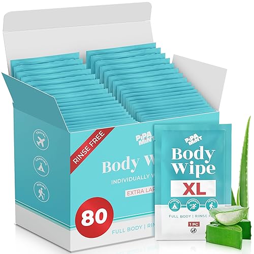Wet Wipes Enhanced with Vitamin E and Aloe Vera | Face Wipes, Body Wipes for Adults Fragrance Free, Shower Wipe for Women & Men, Mini Travel Essentials (80 Individually Wrapped)