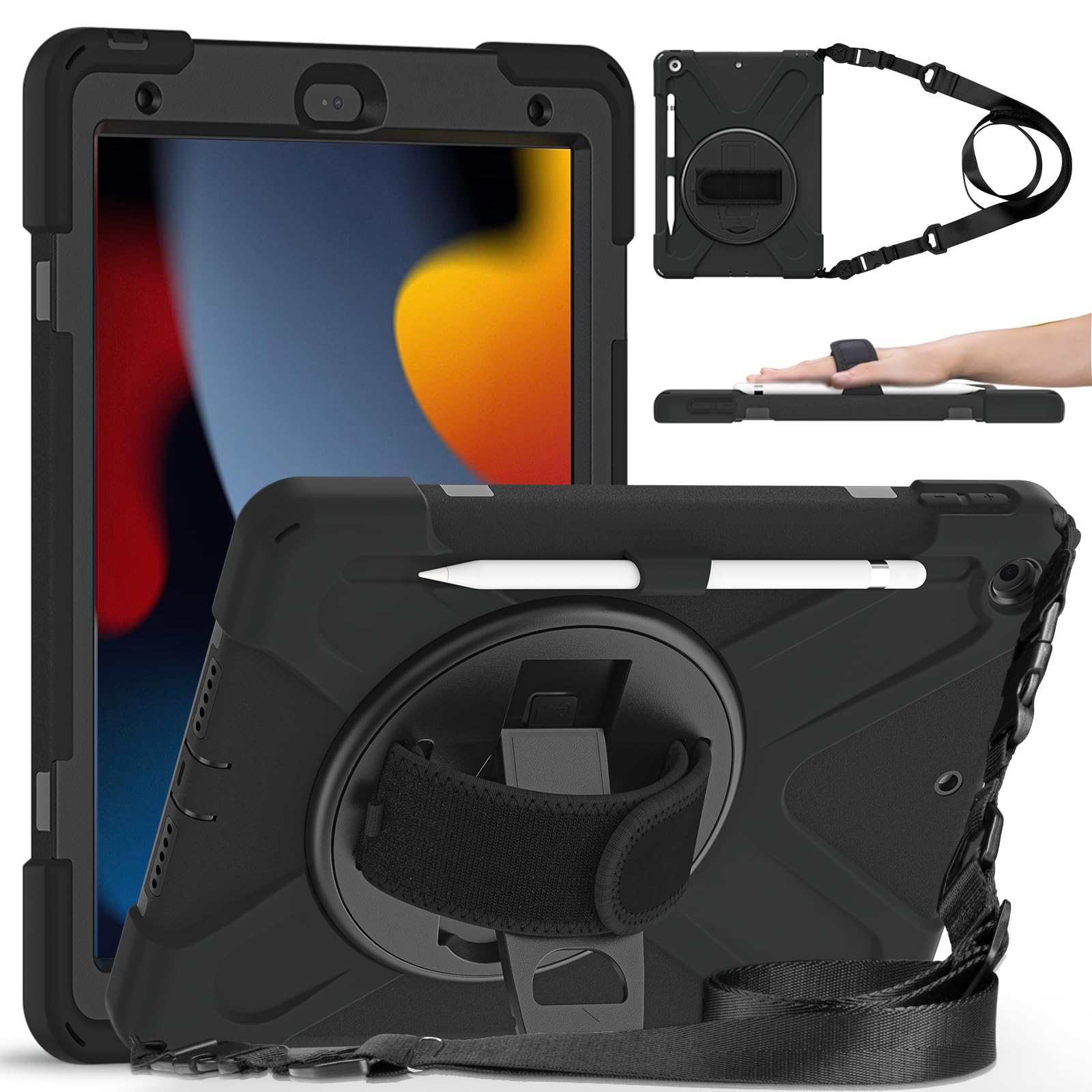 Gerutek Case for iPad 9th /8th /7th Generation 10.2 inch, Heavy Duty Shockproof with [360 Rotating Stand/Shoulder/Hand Strap] [Pencil Holder] for iPad 10.2 Case (2021/2020/2019),Black