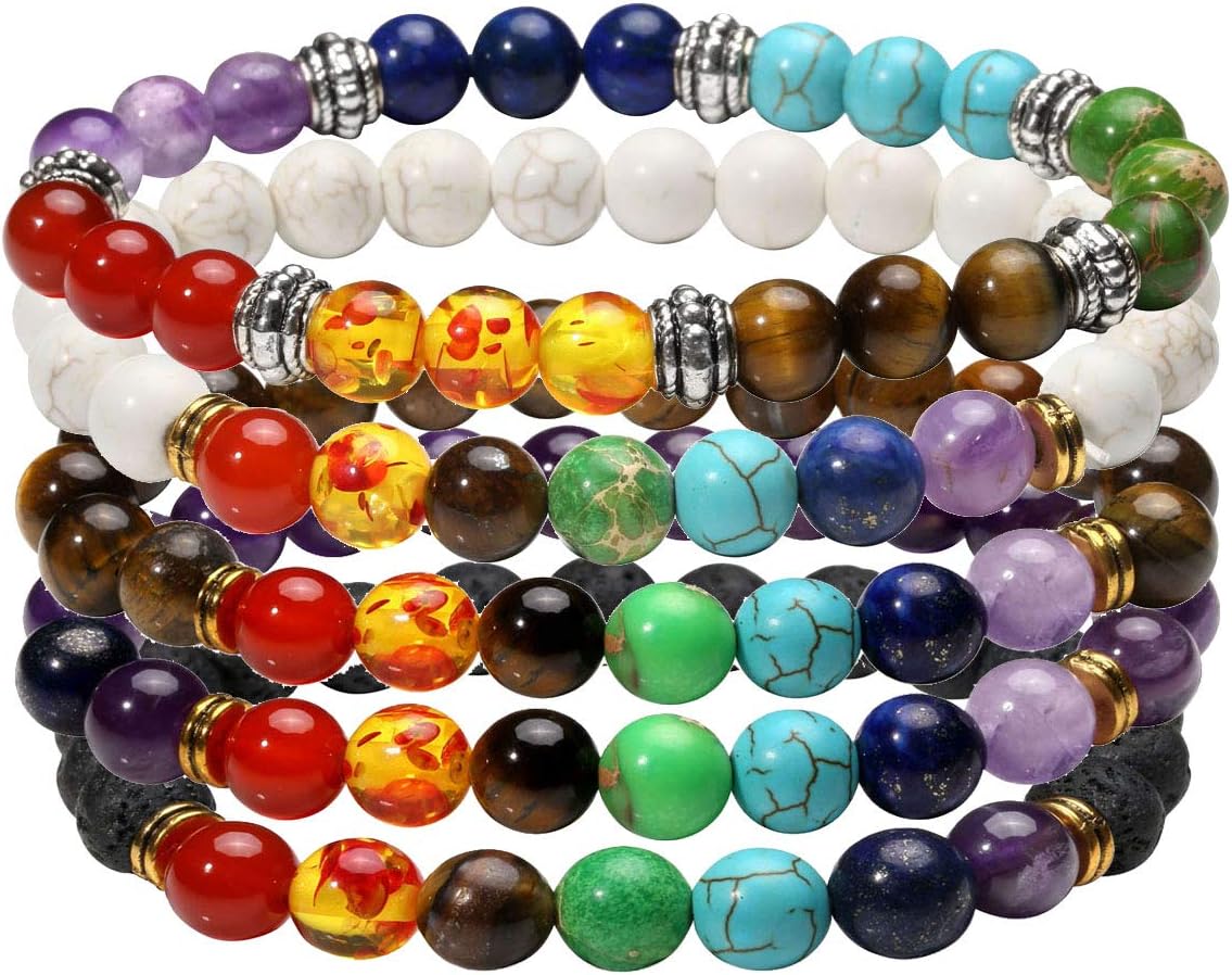 Eigso7 Chakra Beaded Stone Bracelets for Women Men Meditation Essentail Oil Diffusing Lava Rock Wristbands for Woman Man Reiki Healing Stone Wristband Set
