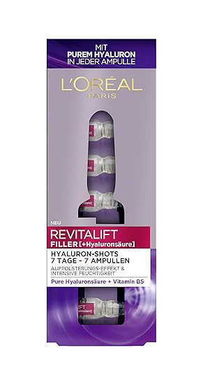 L'Oréal Paris Hyaluronsäure Serum hochdosiert, 7 Ampullen mit purem Hyaluron, Anti-Aging Kur für intensive Feuchtigkeit und e